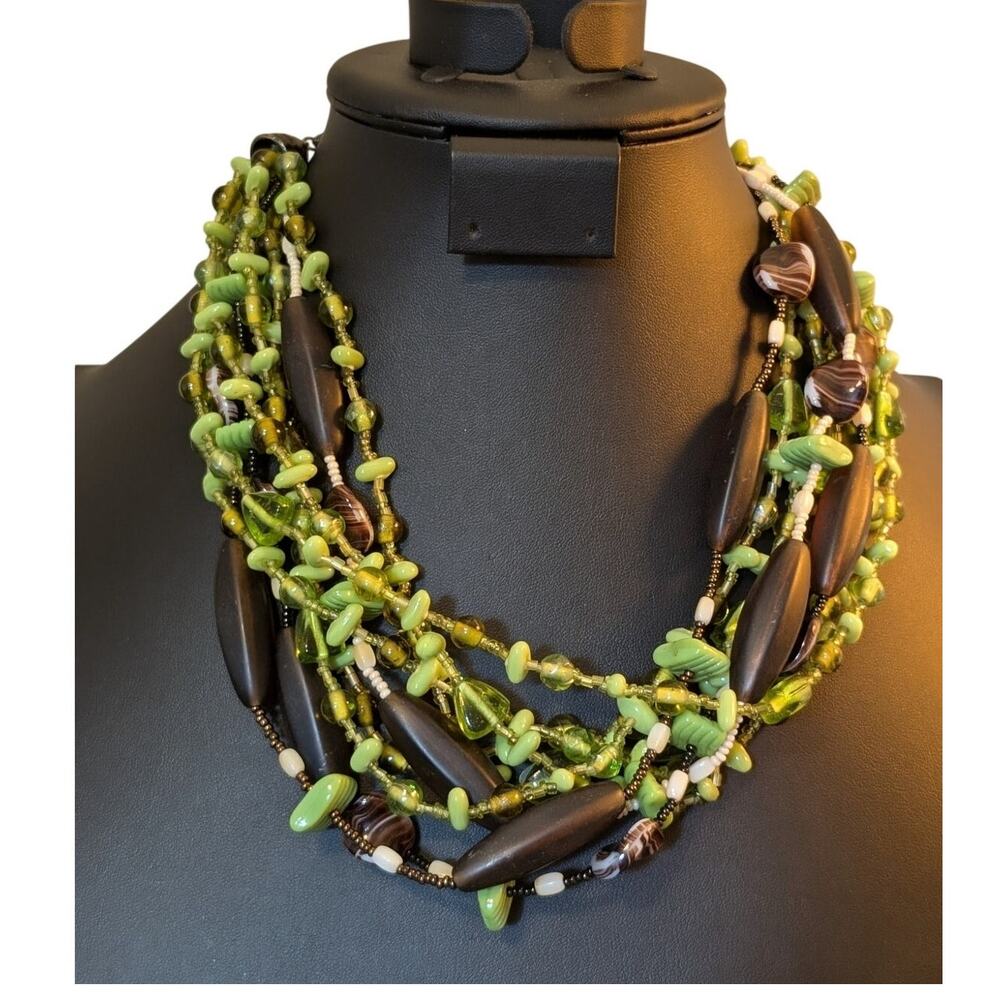Spring Green Cream & Brown Glass Bead Multi-Strand Choker Necklace